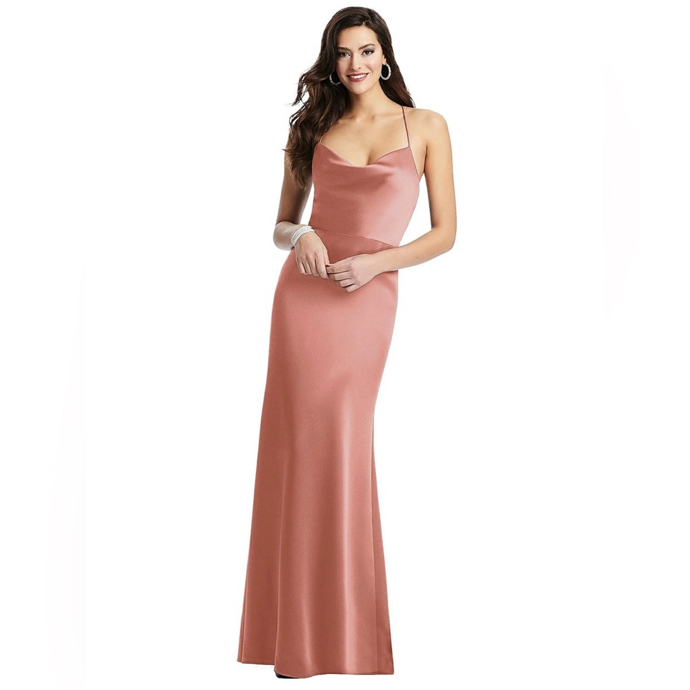 Dessy Cowl-Neck Criss Cross Back Slip Dress